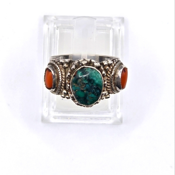 Navajo Chrysocolla & red jasper accent stone Silver Ring Size 9 - Picture 1 of 7
